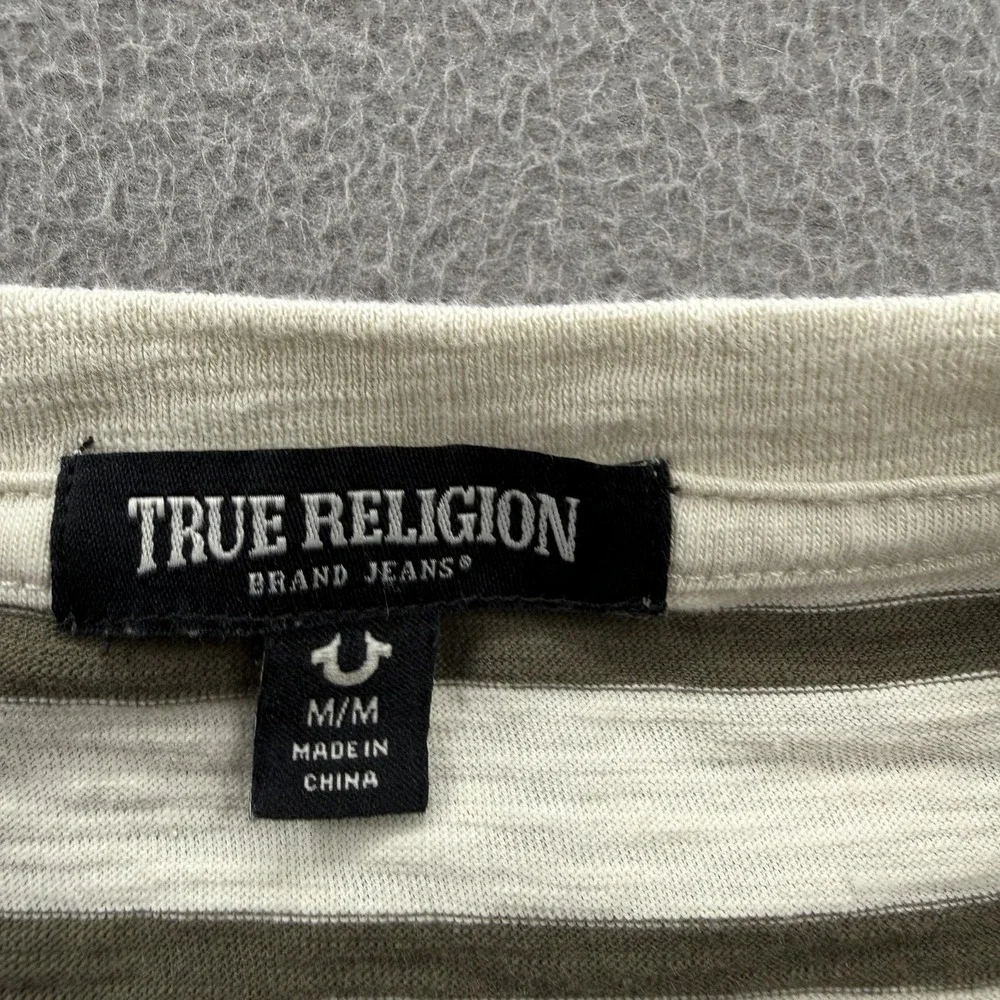 True Religion Shirt Mens Medium White Striped Logo Box Crewneck‎ T-Shirt Tee